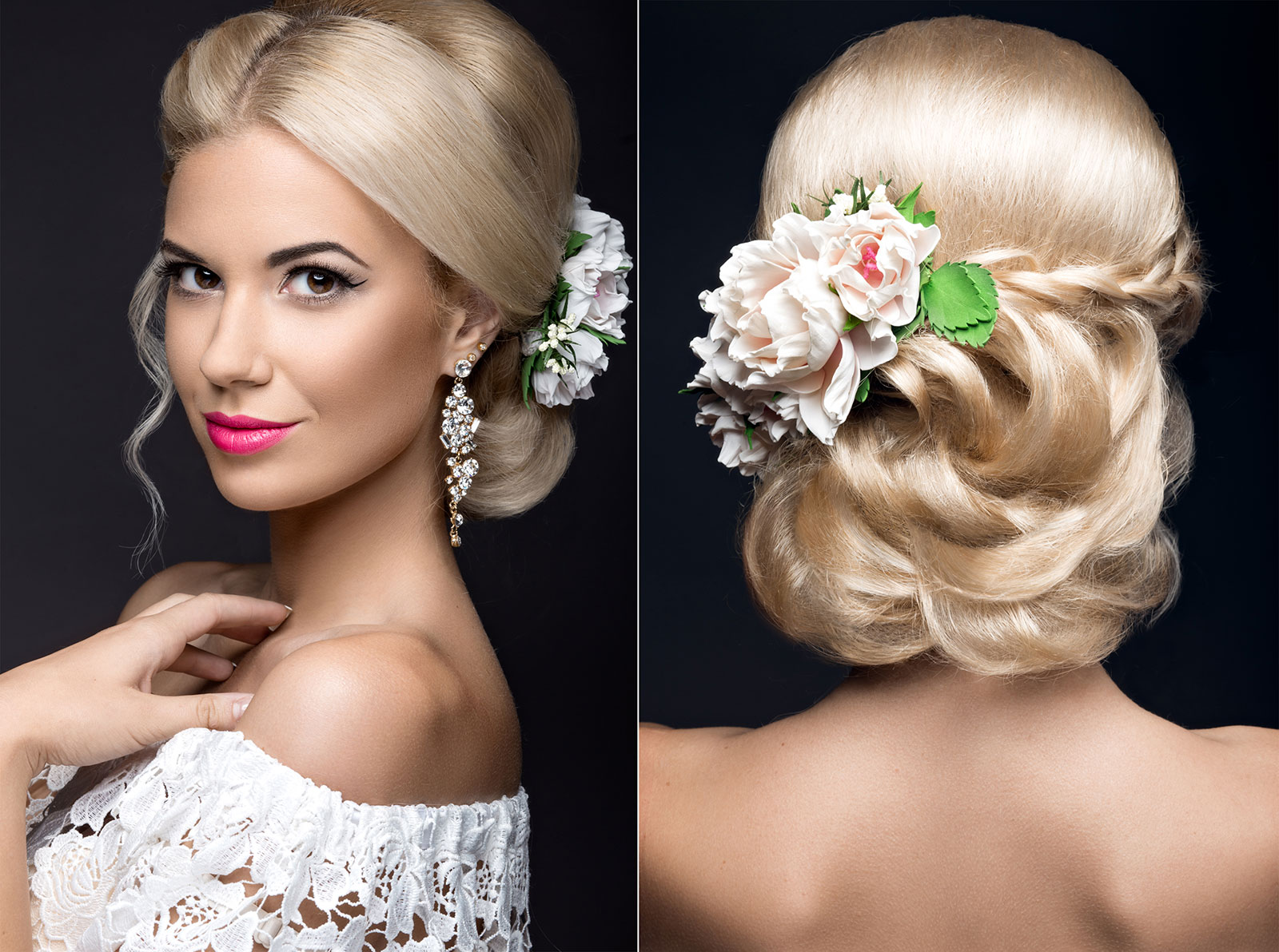 Blonde loose plaited bun with flowers wedding Hairstyle